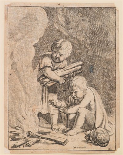 Zwei Kinder machen Feuer von after Cornelis Holsteyn