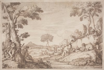 Eine pastorale Reise mit einem Jungen, der an einem Baum Flöte spielt von after Giovanni Benedetto Castiglione Gaetano Zompini