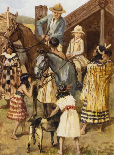 Besucher in einem Modell-Maori-Dorf von after Gordon Frederick Browne