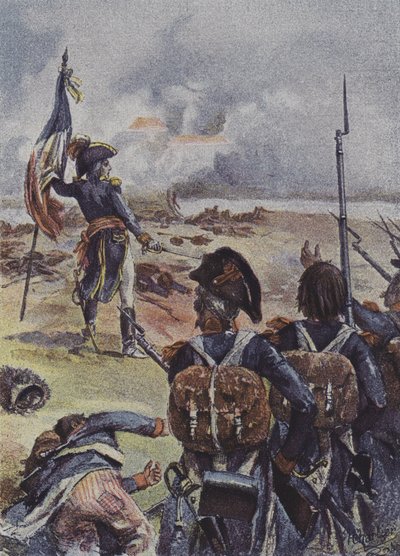 General Augereau pflanzt die Flagge des 1. Bataillons des 99. Regiments vor ihren Linien in der Schlacht von Arcole, Italien, 1796 von after Henri Georges Jacques Chartier