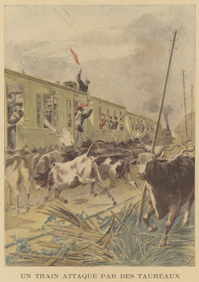 Ein Zug wird von Bullen angegriffen von after Henri Meyer