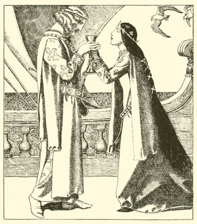 Belle Isoult und Sir Tristram trinken den Liebestrank von after Howard Pyle