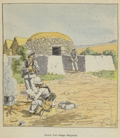 Eingang eines madagassischen Dorfes von after Louis Charles Bombled
