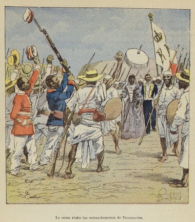 Die Königin besucht die Befestigungen von Tananarive von after Louis Charles Bombled