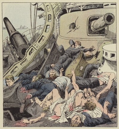 Das Deck der Waryag nach der Schlacht vom 9. Februar von after Louis Charles Bombled