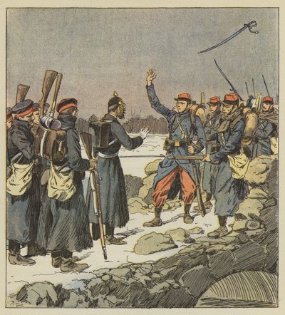 Ein deutscher Offizier gibt einem französischen Korporal sein Schwert zurück, der es in den Wind wirft von after Louis Charles Bombled