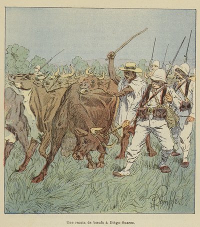 Eine Razzia auf Rinder in Diego-Suarez von after Louis Charles Bombled