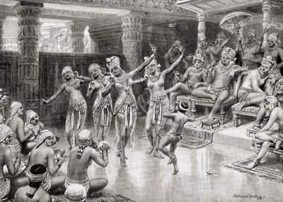 Eine Künstlerimpression aus dem 19. Jahrhundert von Gautamiputra Satakarani, der seinen Sieg über Nahapana feiert, aus Hutchinsons Geschichte der Nationen, veröffentlicht 1915 von after Robert Dudley