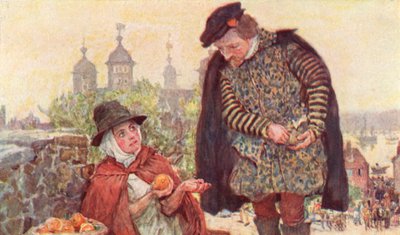 Shakespeare kauft eine Zweipenny-Orange von einem Obstverkäufer auf dem Tower Hill, London von after William Hatherell