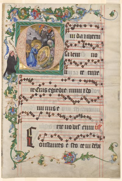 Bifolio aus einem Antiphonar: Historisierte Initiale O mit der Geburt Christi von after a work attributed to Zhou Wenju