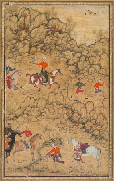 Jagd mit Falken in einer Landschaft; Verso: Kalligraphie von Chaghatai Türkischen Gedichten im Lob des Weins, Sultan Muhammad Nur (Persisch, ca. 1472–1536) und Mirza Muhammad (wahrscheinlich Persisch, aktiv ca. 1520er) von attributed to Abd al Samad (Persian, c. 1510–1600)
