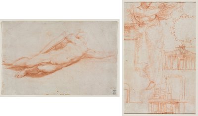 Studie eines gefallenen Soldaten (möglicherweise die Bekehrung des Saulus) (recto); Eine drapierte weibliche Figur (möglicherweise eine Amazone) und architektonische Studien (verso) von attributed to Correggio