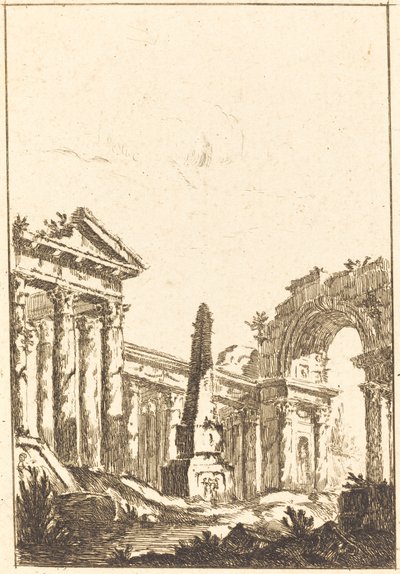 Capriccio mit Ruinen und einem Obelisken von attributed to Jérôme Charles Bellicard