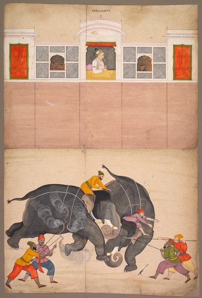 Zwei Elefanten kämpfen in einem Hof vor Muhammad Shah von attributed to Nainsukh