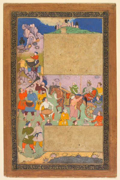 Ein Wagenlenker fährt durch eine felsige Landschaft mit einem Gefolge von Fußsoldaten und Musikern, Seite aus einem Razm-nama (Buch der Kriege), adaptiert aus dem Sanskrit Mahabharata und ins Persische übersetzt von Mir Ghiyath al-Din Ali Qazvini, bekannt  von attributed to Yusuf Ali