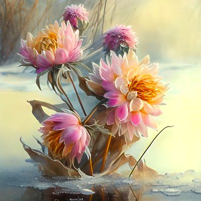 Abstrakte rosa & gelbe Dahlienblumen im eisigen Wind von F. Abderrahim