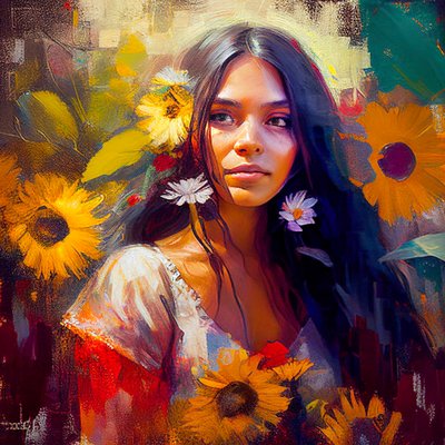 Schöne mexikanische Frau umgeben von Sonnenblumen von F. Abderrahim
