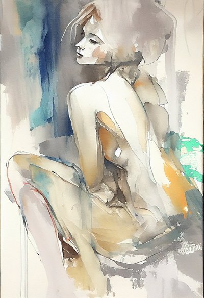 Schöne Frau sitzt, Aquarellmalerei von F. Abderrahim