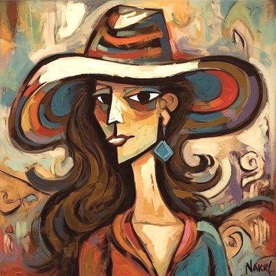 Malerei einer schönen modernen Dame mit Hut von F. Abderrahim