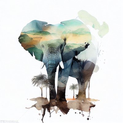Aquarell Elefant & Afrikanische Savanne von F. Abderrahim