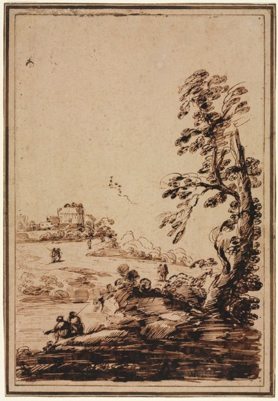 Landschaft mit kleiner Gebäudegruppe von imitator of Guercino