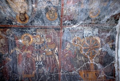 Religiöses Fresko, von Ioannis Pagomenos, Fresko in der byzantinischen Kirche St. Georg, Anidri, Kreta, Griechenland (Foto) von Theodore Charles Ange Coquelin