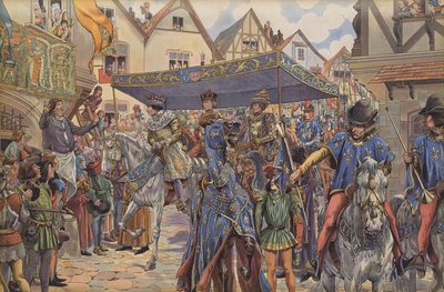 Menschenmengen auf den Straßen von Paris begrüßen Ludwig XI., als er aus Burgund kommt, um nach dem Tod seines Vaters Karl VII. sein Königreich zu beanspruchen von pseudonym for Onfray de Breville Jacques Job