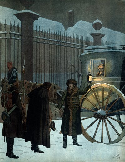 Niederlage der russischen Kampagne und Rückkehr nach Paris: Napoleon I. Bonaparte (1769-1821) in einer Sänfte, angekommen in den Tuilerien am 18. Dezember 1812 um 23 Uhr nach dem russischen Rückzug. In „Napoleon“ von Georges Montorgueil. Illustration von J von pseudonym for Onfray de Breville Jacques Job
