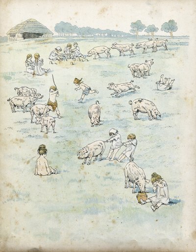 Gallische Kinder spielen mit Schweinen auf einem Feld. in „France, his story told by G. Montorgueil, imagee by Job“ 1896. Private Sammlung von pseudonym for Onfray de Breville Jacques Job