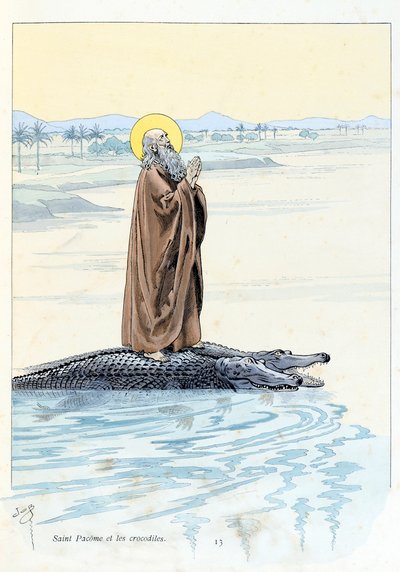 Illustration aus dem Buch „A la gloire des betes“: Saint Pacome und die Krokodile von pseudonym for Onfray de Breville Jacques Job