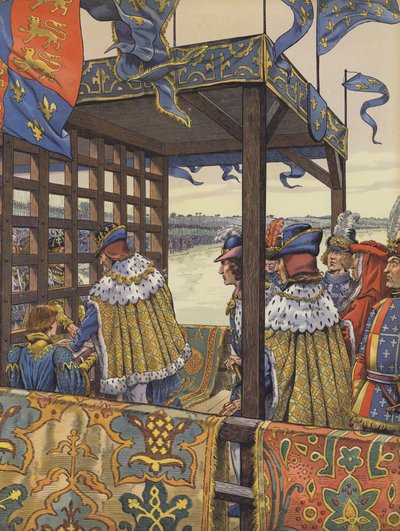 Ludwig XI. von Frankreich und Eduard IV. von England treffen sich zur Unterzeichnung des Vertrags von Picquigny auf beiden Seiten einer Holzbarriere von pseudonym for Onfray de Breville Jacques Job