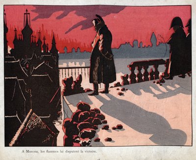 Napoleon betrachtet das Feuer von Moskau - Er beobachtet, wie Moskau brennt (15.-16. September 1812) - Lithographie von Job (Jacques Onfroy de Breville) aus Le Grand Napoleon des Petites Enfants 1893 von pseudonym for Onfray de Breville Jacques Job