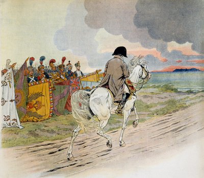 Napoleon reitet vor seinen Truppen vorbei, als er ins Exil auf die Insel Elba ging von pseudonym for Onfray de Breville Jacques Job