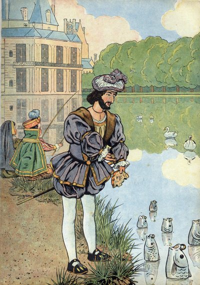 Szene aus der Geschichte Frankreichs mit Spielzeug: König von Frankreich Franz I. (1494-1547) gibt Brot an die Fische im Park von Fontainebleau. In „Joujoux à l