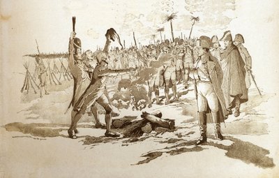 Sie werden sich nicht exponieren müssen, wir bringen Ihnen die Fahnen und Kanonen eines Grenadiers vor der Schlacht von Austerlitz, als Napoleon I. Bonaparte (1769-1821) die Biwaks besuchte. Illustration von Job (Jacques Marie Gaston Onfray und Breville) ( von pseudonym for Onfray de Breville Jacques Job
