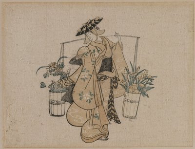 Eine Schönheit, die zwei Eimer Blumen trägt von style of Torii Kiyomasu