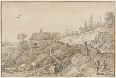 Hügelige Landschaft mit Hütte neben einem Bach von van de Velde Esaias
