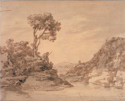 Landschaft mit Figur am Ufer eines Teiches