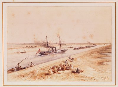 Ein türkischer Paddeldampfer, der den Suezkanal hinaufgeht, von einem Souveniralbum zum Gedenken an die Kaiserin Eugenie (1826-1920) bei der Einweihung im Jahre 1869 von Edouard Riou
