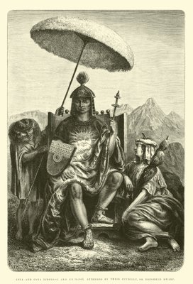 Inca und Coya (Kaiser und Kaiserin), besucht von ihrem Ccumillu oder Deformed Dwarf von Edouard Riou