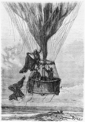 Drei Männer in einer Gondel, Illustration von Fünf Wochen im Ballon von Jules Verne (1828-1905) von Edouard Riou