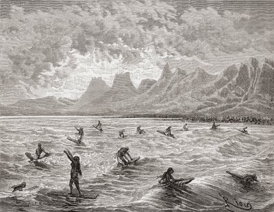 Hawaiianer surfen, Illustration aus Die Welt in den Händen, graviert von Charles Barbant (d.1922), erschienen 1878  von Edouard Riou