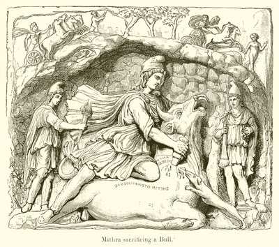 ミスラが雄牛を生け贄に捧げる