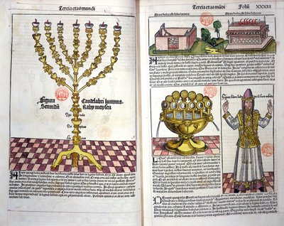 Die Menorah und ein hebräischer Priester, aus der Nürnberger Chronik
