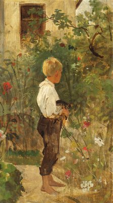 Knabe mit Katze im Garten von Joseph Hasslwander Kunstdruck