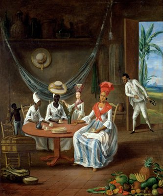 Eine Mulattin mit ihrem weißen Tochter Besucht von schwarzen Frauen in  ihrem Haus in Martinique, 1775