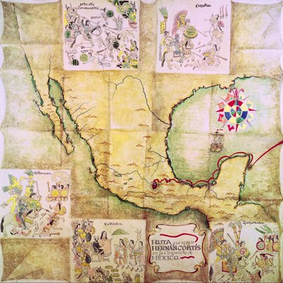 Karte der Route von Hernando Cortes (1485-1547) während der Eroberung 