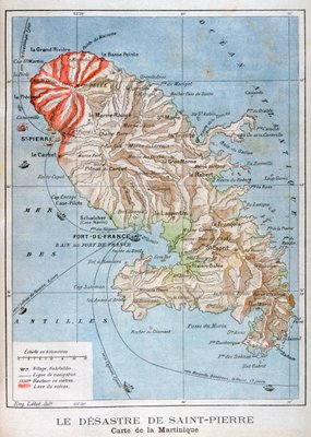 Karte, die den Ausbruch des Mount Pelée, Martinique, 1902 zeigt