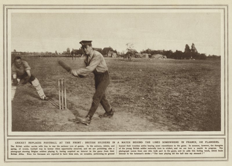 Cricket ersetzt Fußball an der Front, britische Soldaten bei einem Spiel hinter den Linien irgendwo in Frankreich oder Flandern von (after) English photographer