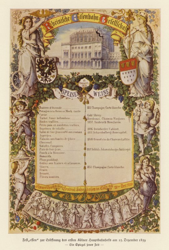 Menü für ein Bankett zur Feier der Eröffnung des ersten Bahnhofs in Köln von (after) German School